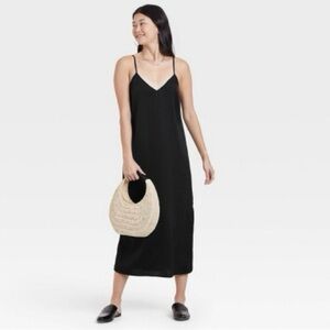 NWT Black satin midi slip dress